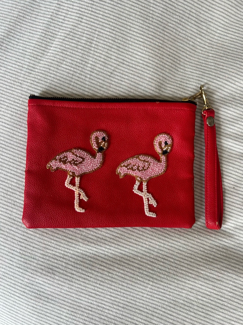 Red and Pink Flamingo Beaded Wristlet Clutch
